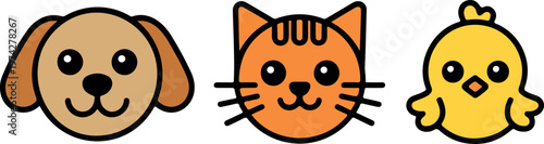 Cute animal faces of dog cat and chick with colorful outlines playful domestic animals vector set for kids design