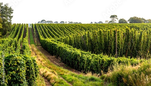 Expansive view of a cultivated field with rows of tall green plants reaching toward the bright sky. The rows create a mesmerizing pattern