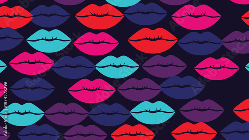 Bold seamless pattern featuring a striking array of stylized lips in vibrant red, blue, pink, and purple hues, arranged dynamically on a deep dark blue background.