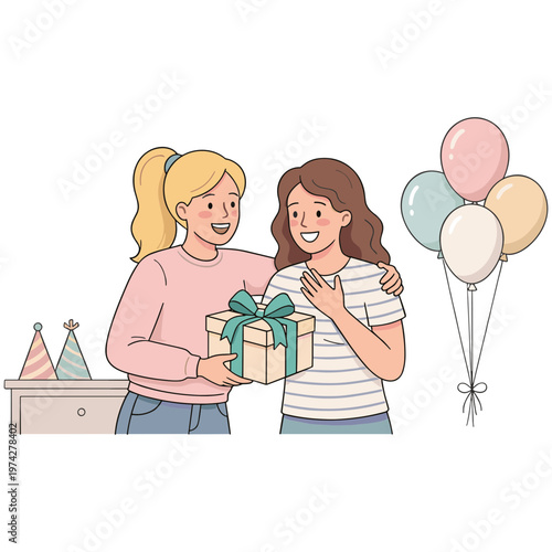 Two women exchanging a gift with balloons and party hats nearby indoors