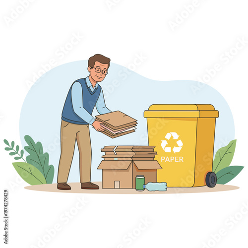 Man collecting cardboard boxes for recycling in a backyard