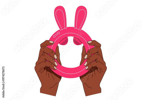 Flat Illustration of Hands Holding a Pink Rabbit Ring Vibrator for Sexual Wellness