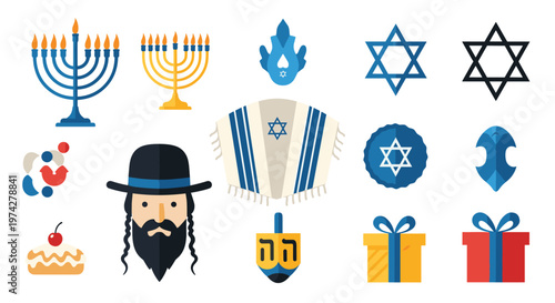 Collection of various jewish holiday symbols including menorahs star of david dreidel gifts and traditional hat with beard on white.