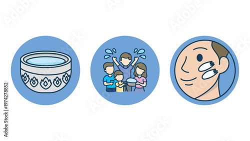 Songkran celebration icons featuring family splashing water and Din Sor Pong powder ritual, Vector illustration EPS 10