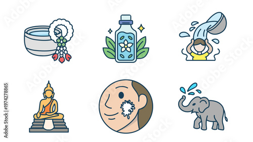 Songkran Festival symbols set. Buddha statue, jasmine garland, perfume, and elephant icons, Vector illustration EPS 10