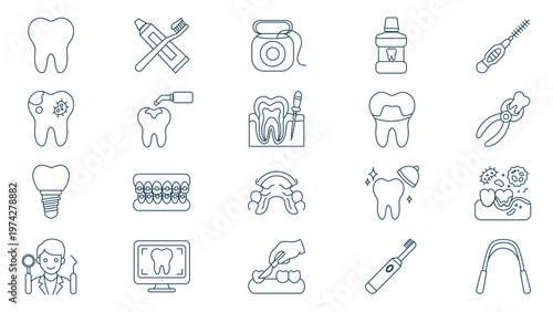 Dental care and dentistry line icons set. Professional stomatology, teeth treatment, oral hygiene and orthodontics equipment vector elements, Vector illustration EPS 10