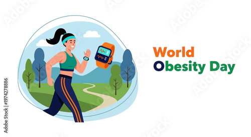 World Obesity Day Illustration with Woman Jogging in Park and Fitness Tracker Smartwatch Concept