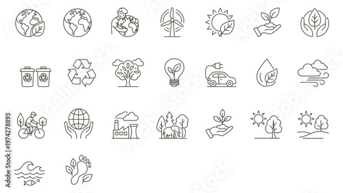 Ecology and environmental care line icons. Sustainable energy, recycling, nature protection and green lifestyle vector illustration set, Vector illustration EPS 10