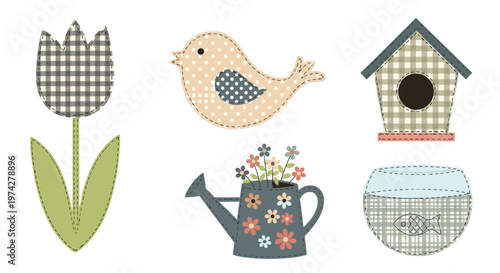 Decorative patchwork style illustrations of a tulip bird birdhouse watering can with flowers and a fishbowl on a plain white background.