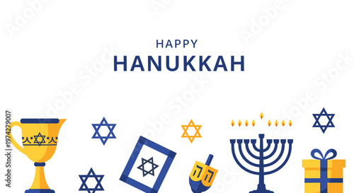 Festive blue and gold hanukkah banner with menorah star of david dreidel jug and gift symbols for the festival of lights celebration.
