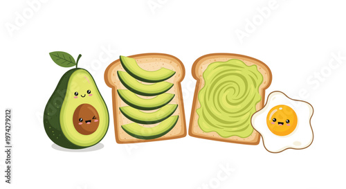 Adorable set of cartoon food characters including a whole avocado two different avocado toast slices and a fried egg with happy faces.