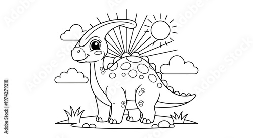Cute Parasaurolophus Dinosaur Coloring Page for Kids with Sun and Clouds Background, Black and White Vector Illustration