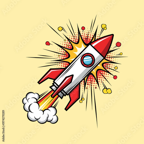 Retro rocket launching with comic book explosion effect and smoke