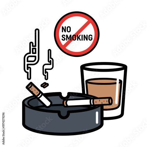 No Smoking Sign with Ashtray and Drink, Warning Against Tobacco and Alcohol
