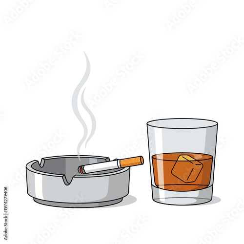 Smoking cigarette in ashtray with glass of whiskey on ice, white background