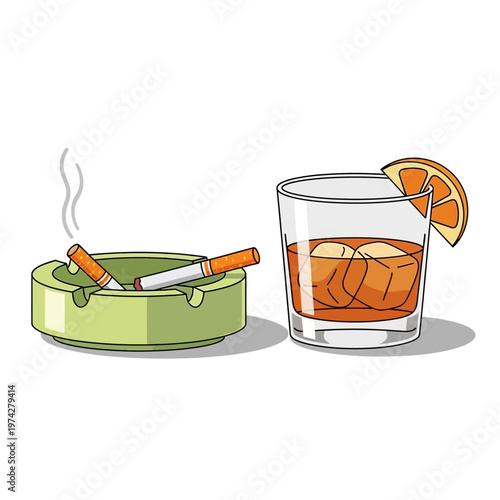 Smoking cigarettes in ashtray with alcoholic drink, orange slice, ice cubes, smoke