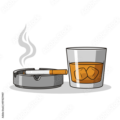 Smoking cigarette in ashtray with glass of whiskey on ice, unhealthy lifestyle concept