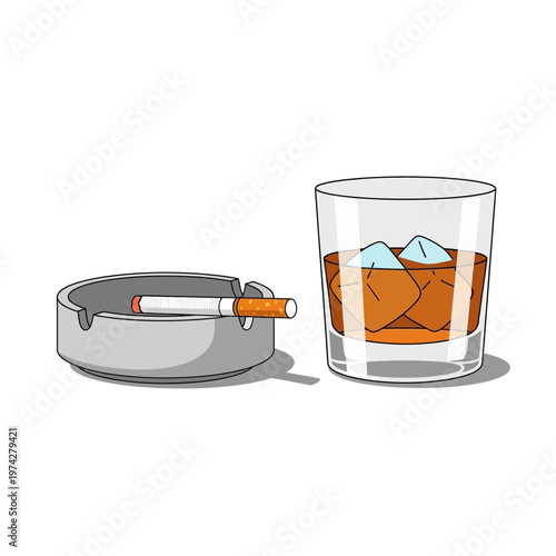 Whiskey and Cigarette in Ashtray: Relaxing Evening or Bad Habits Concept