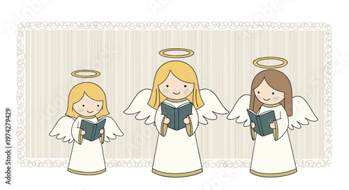 Group of three cute cartoon angels with halos and wings singing from open books on a soft beige striped background with lace.