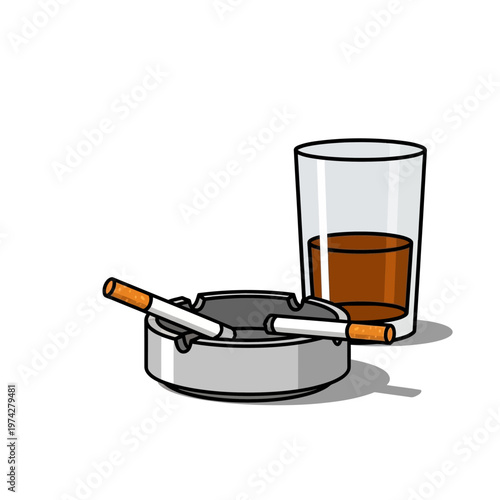 Ashtray with cigarettes and glass of whiskey on white background