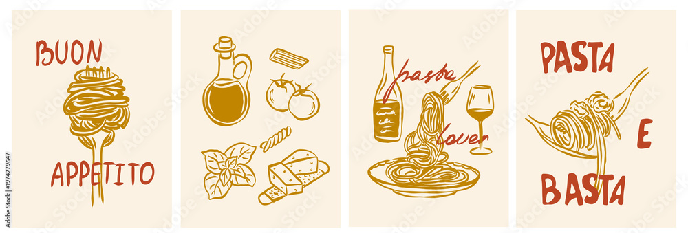 Fototapeta premium Line art doodle italian pasta prints set