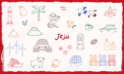 jeju island korea doodle sketch elements icon hand drawn collection set