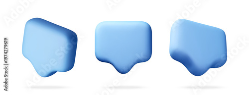 Blue 3d speech bubble icons in different angles. Minimalist communication cloud set for messaging and chat interface. Digital web design and social media graphic. Vector illustration