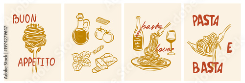 Line art doodle italian pasta prints set