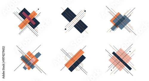 Modern abstract geometric shapes with overlapping rectangles and intersecting lines in a minimalist contemporary art style composition.