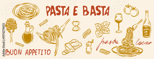 Hand drawn doodle italian pasta elements collection