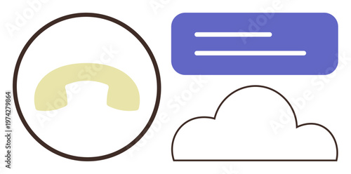 Digital communication, cloud computing, voice calls, data storage, messaging services, virtual interaction. Phone symbol, cloud icon and speech bubble. Digital communication and cloud computing