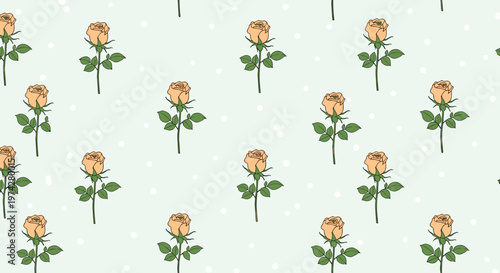 Seamless floral pattern of delicate peach roses with green leaves on a pale mint green background with white polka dots for fabric.