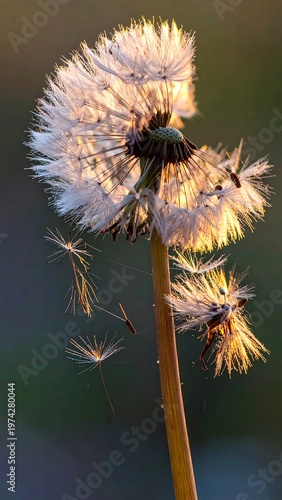 A close-up showcases a dandelion seed head, its delicate seeds dispersing in the golden light of dawn or dusk against a blurred backdrop