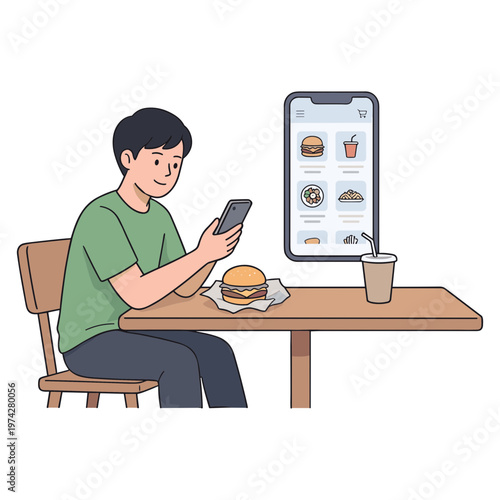 Man sitting at table eating burger while using smartphone