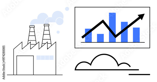 Economic growth, data analysis, industry trends, business strategy, market evaluation, production efficiency. Factory with a rising arrow graph. Economic growth and data analysis concept