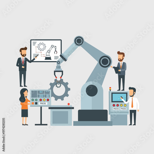 Industrial automation concept: robotic arm assembly line with engineers planning