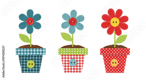 Three decorative fabric flowers in patterned pots with buttons and stitching details on a white background for craft and scrapbooking.