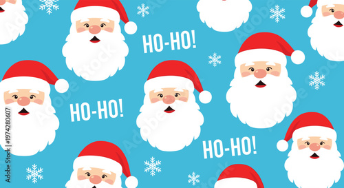 Seamless christmas pattern with santa claus faces, white snowflakes, and ho-ho text on a bright blue background for holiday wrap.