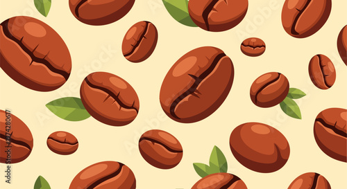 Roasted coffee beans seamless pattern, brown arabica coffee seeds with green leaves, organic caffeine background for cafe packaging and wallpaper