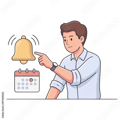 Man pointing at ringing bell next to calendar on table indoors