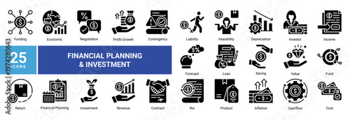 Financial planning icon set with 25 icons including investment,revenue,cashflow,forecast,and ROI.Ideal for business finance,presentation,UI,and infographic design.