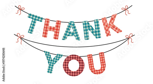 Decorative thank you banner with hanging letters made of colorful gingham fabric against a clean white background for gratitude.