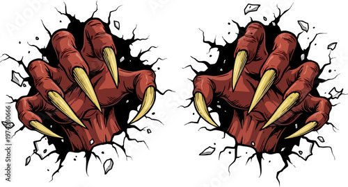 Monster claws ripping through wall, red demon hands with sharp yellow talons, scary creature tearing metal surface, horror beast scratching effect