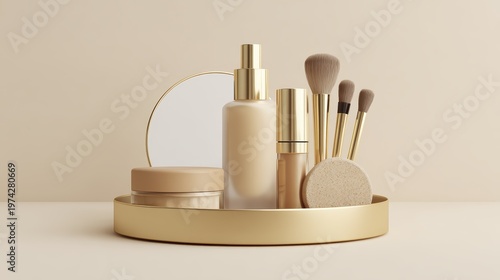 Elegant cosmetic arrangement with makeup brushes and mirror on gold tray