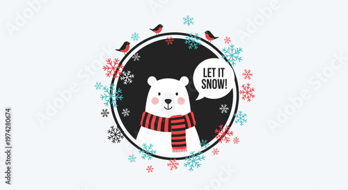 Cute winter illustration of a polar bear wearing a red and black striped scarf with the let it snow message and snowflakes.