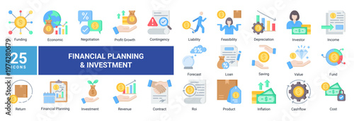 Financial planning icon set with 25 icons including investment,revenue,cashflow,forecast,and ROI.Ideal for business finance,presentation,UI,and infographic design.