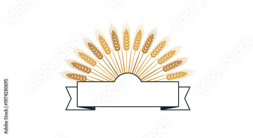 Golden wheat ears arranged in a sunburst shape above a blank ribbon banner for agricultural or harvest festival design.