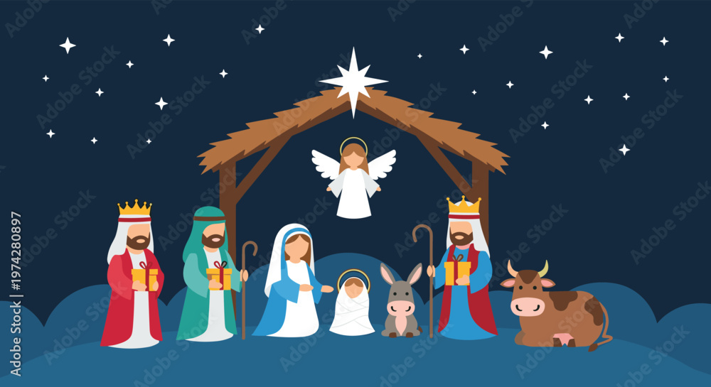 Naklejka premium Christmas nativity scene illustration with the holy family, three kings with gifts, and animals in a stable under a star.