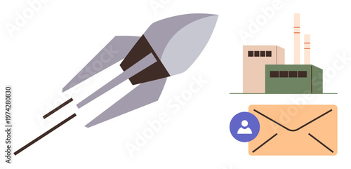 Business growth, communication, innovation, manufacturing, technology, teamwork. A rocket, factory envelope and user icon. Business growth and communication concepts