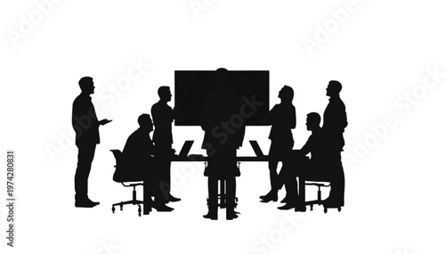 Business professionals attend a conference meeting around a table with a large screen, engaging in active.
